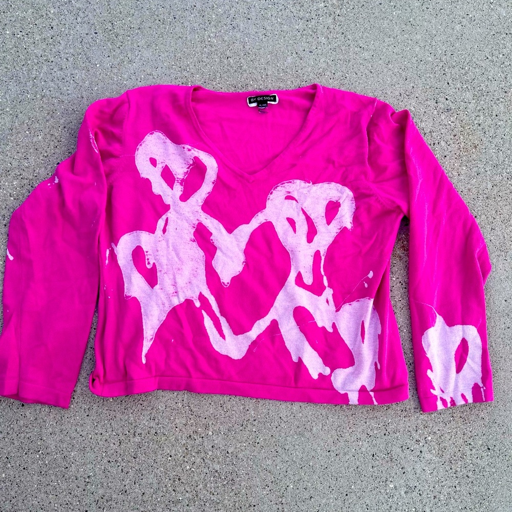 Custom Bleach Dyed Drippy Hearts Vintage 80s Hot Pink Soft Sweater - XL